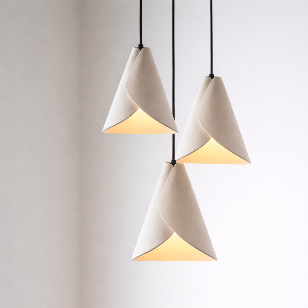 Three triangular pendant lights hanging against a plain background
