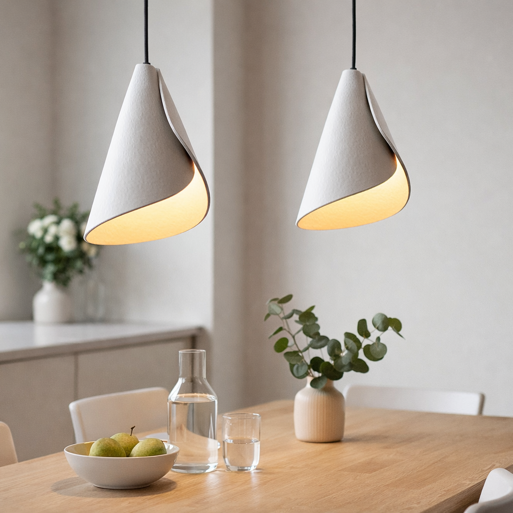 Two pendant lights hanging above a dining table with fruit and glasses.