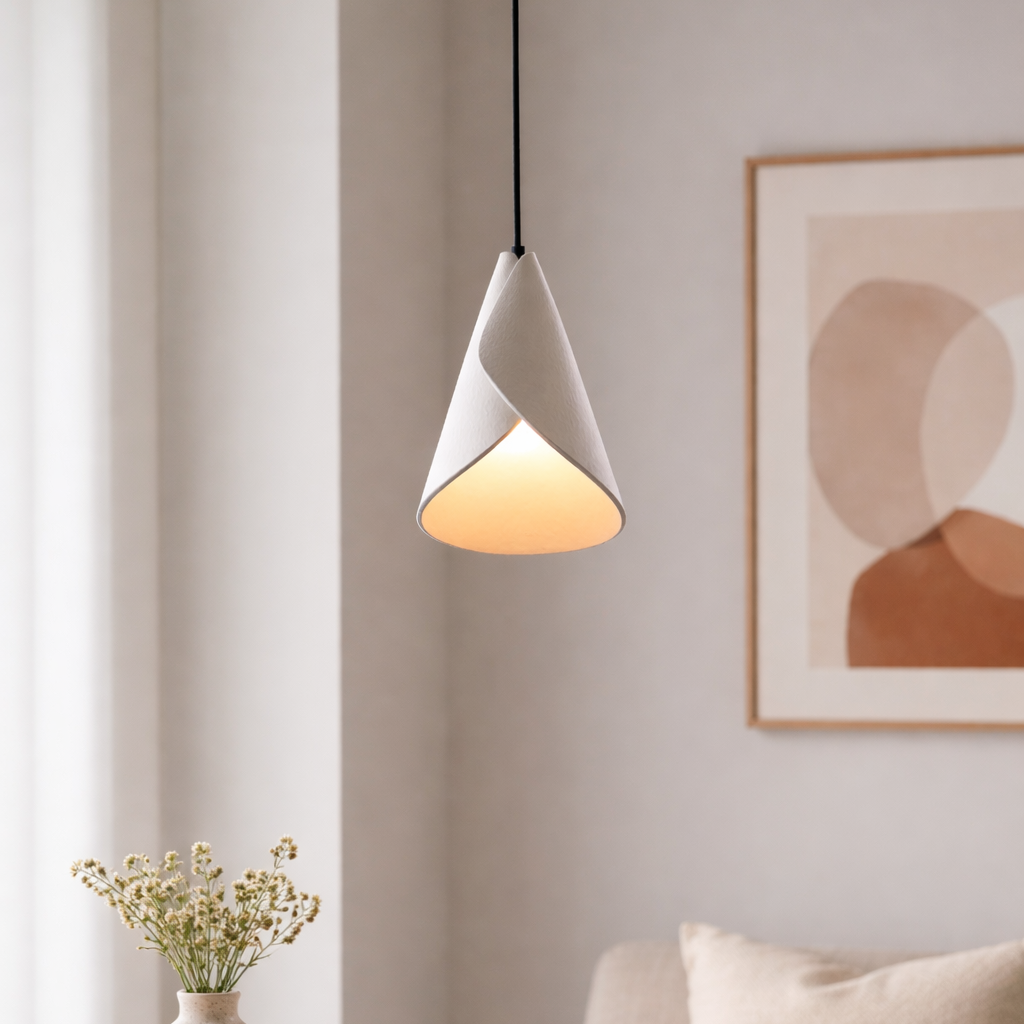 Modern interior with a pendant light, table, books, and a cup.