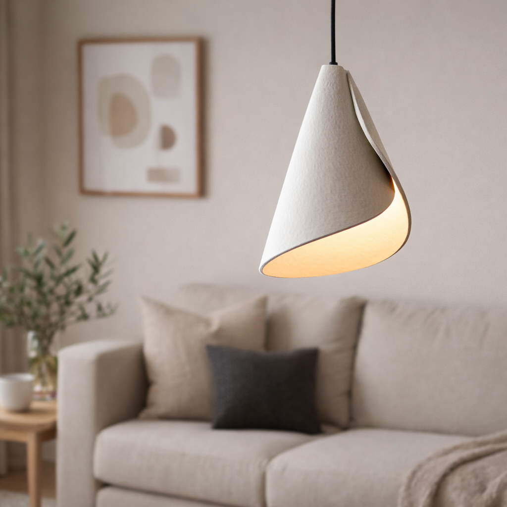 Modern pendant light hanging above a beige sofa in a living room.