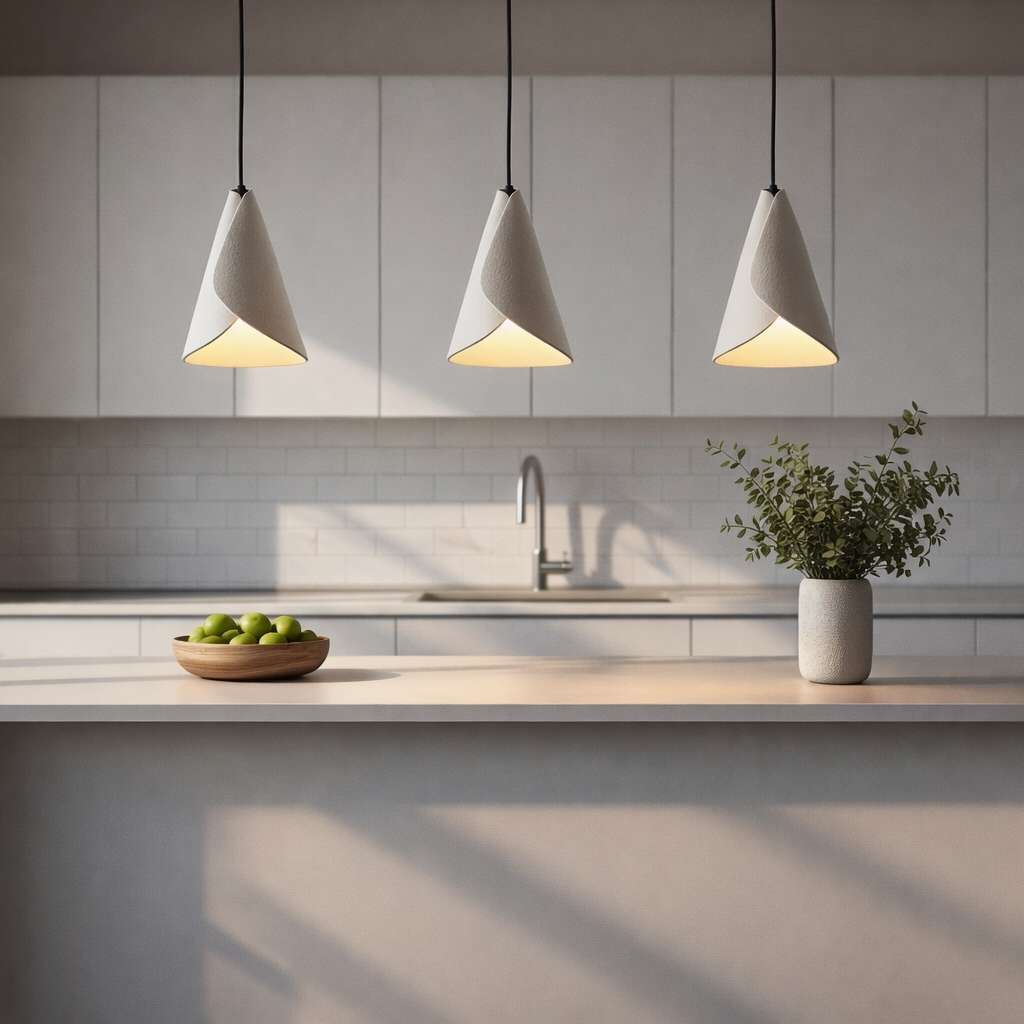 Modern kitchen with pendant lights, a kitchen island, and a vase with flowers.