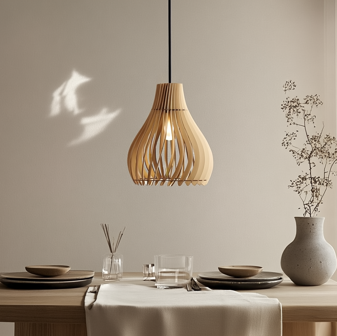 Dining table setting with a wooden pendant lamp, vase, and decorative items against a neutral wall.